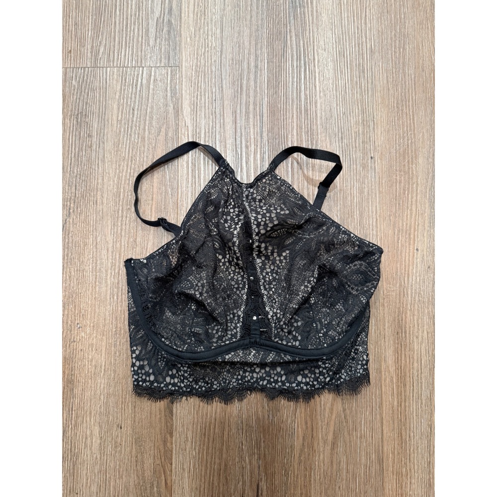 Victoria's Secret Black Lace High Neck Plunge Bralette Longline 32D Eyelash Trim